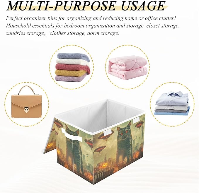 AIXIWAWA Lidded Storage Cube (Cat Monster) Fabric Foldable Closet Bins with Flip Lid and Handles Organizer Basket Container 16.5 x 12.6 x 11.8 IN