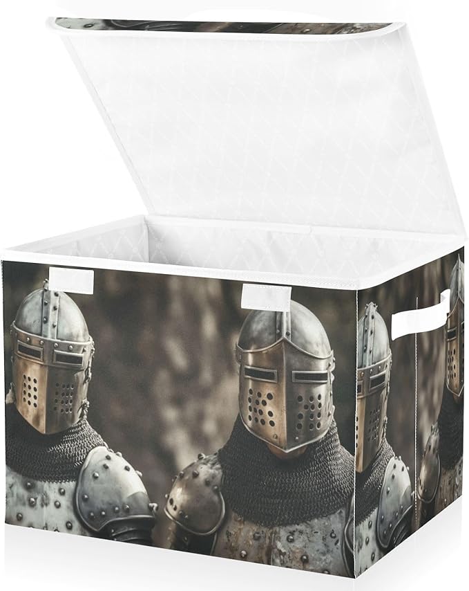 Storage Cube Medieval Knights Print with Lid Collapsible Large Capacity Foldable Storage Basket Bin Organizer 16.5×12.6×11.8 inches