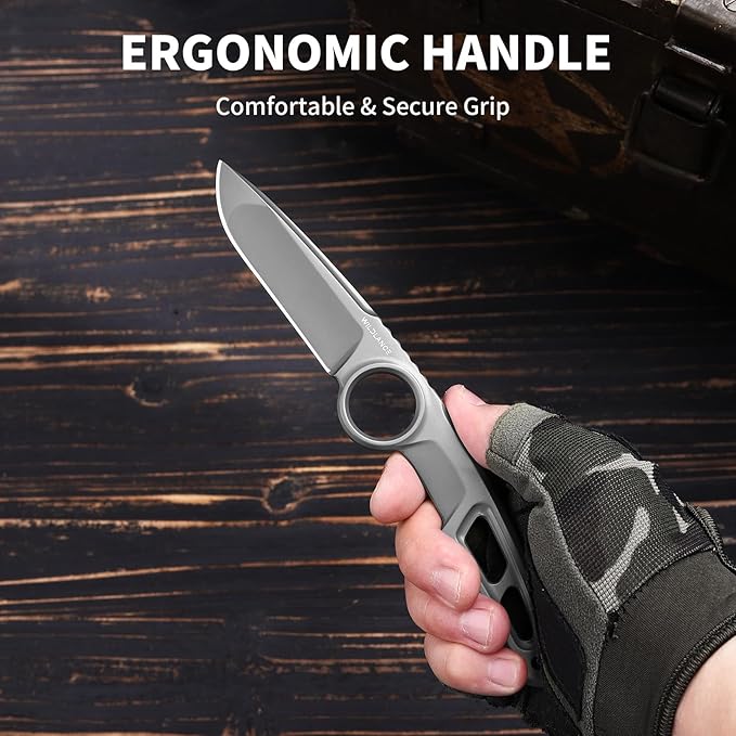 EDC Fixed Blade Knife with Sheath Camping Knife Fixed Blade 3.3 DC53 Steel Outdoor Survival Blade Full Tang Hunting Knives for Men Women IB-02 Silver