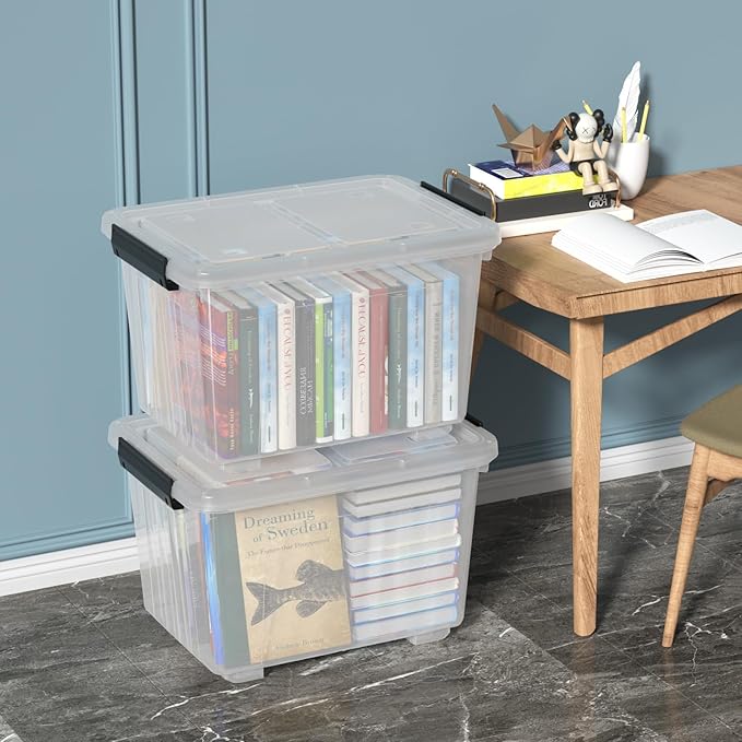 30 L Stackable Storage Bins with Lids Clear Plastic Storage Containers Stackable Organization Boxes with Secure Latching Lids/Wheels Set of 4
