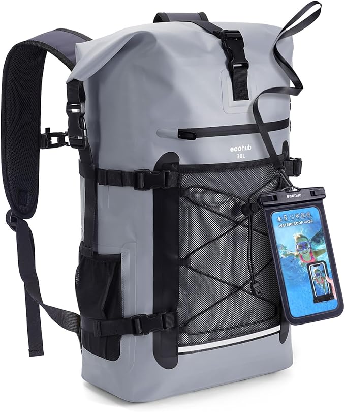 ECOHUB Waterproof Backpack for Women Men 30L Roll-Top Closure Heavy Duty Dry Bag for Travel with IPX8 Waterproof Phone Case