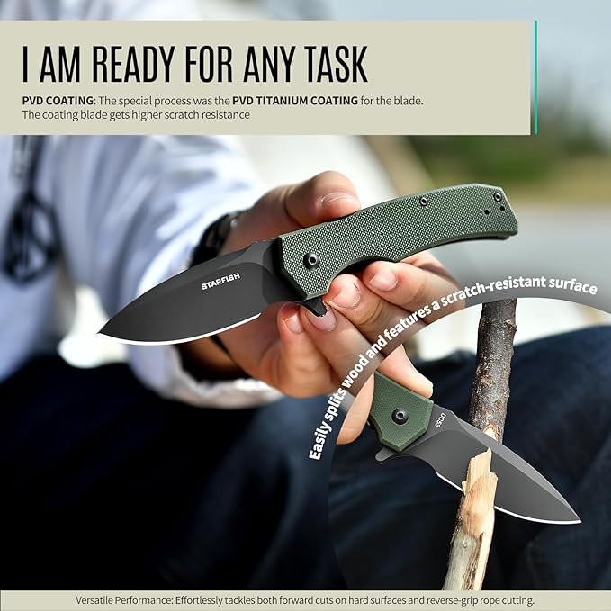 STARFISH Folding Knife 2.9 DC53 Steel PVD Titanium Coating Blade Pocket Knife with G10 Handle and Clip Lightweight Sharp Camping Hiking Daily Work Knives(green)