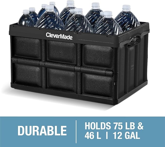 CleverMade Collapsible Storage Bins 46L (3-Pack) – Heavy Duty Collapsible Plastic Storage Bins Stackable Folding Storage Bins for Car Garage Home Organization - Foldable Bins Stone