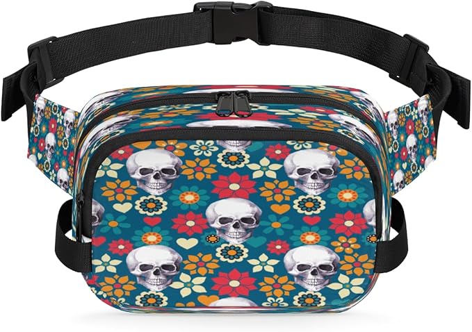 Vintage Skulls Flowers Waterproof Fanny Pack for Women Men Adjustable Waist Bag with Double Zipper Pockets Lightweight Square Hip Pack for Running Travel Hiking Workout Cycling