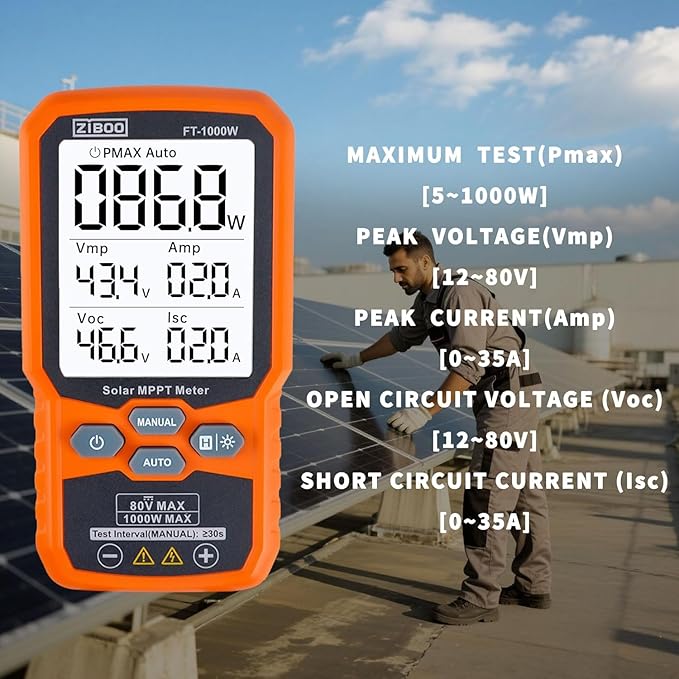ZIBOO FT-1000W Solar Panel Tester MPPT Meter - 1000W Max Power 80V/35A PV Module Tester for Voc/Isc Open Circuit Voltage &amp Short Circuit Current with Backlight &amp Data Hold
