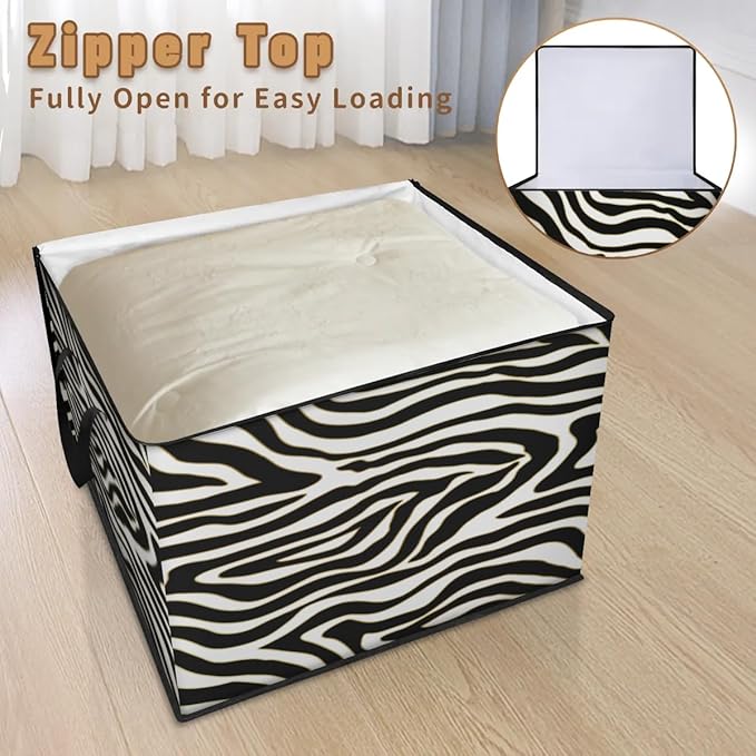 Large Zebra Storage Bags with Lid XL Blanket Clothes Storage Bins Foldable Organizers Storage Containers with Handle for Comforters Bed Sheets Pillows Zebra Print