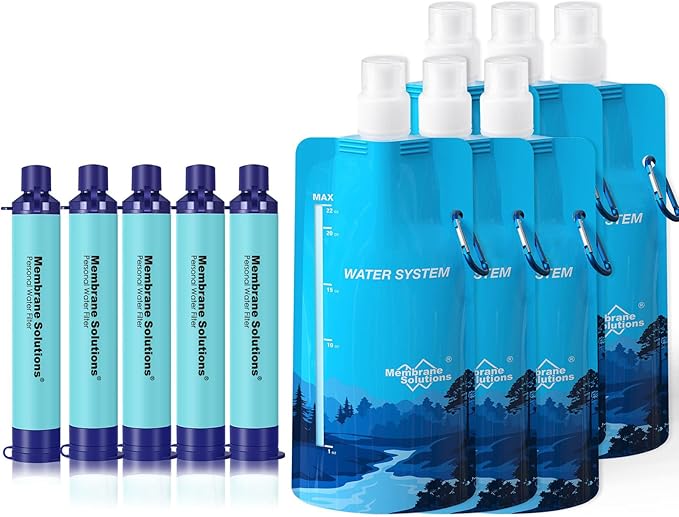 Membrane Solutions Squeezable Water Filtration System Survival Water Purifier Kit Portable Backpacking Gear Including Water Filter Straw and 23oz Collapsible Bottle for Hiking Camping Travel(5+6)