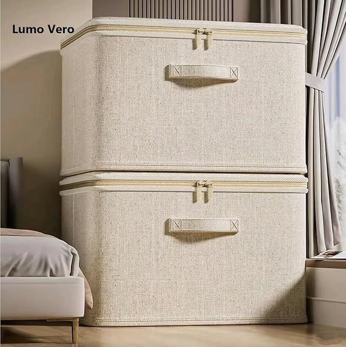 [3 Pack] Beige Cotton Linen Collapsible Storage Bins for Home Organization Waterproof Fabric Foldable Organizer Boxes 15.75 x 11.81 x 8.27 Inches Zippered Flap &amp Handle (Medium)