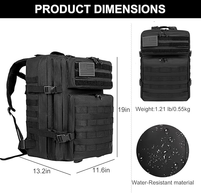 50L Tactical Backpack Training Gym Fitness Bag Outdoor Hiking Camping Army Molle Backpacks for Men Travel (Black)