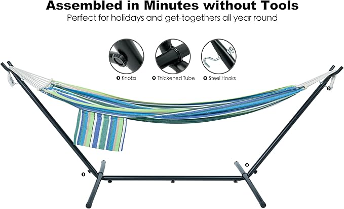 GAFETE Double Hammock with Stand for Outside Upgraded Spreader Bar Heavy Duty Space Saving Steel Stand 2 Person Convenient Pocket Easy Assembly 600lbs Weight Capacity Indoor &amp Outdoor (Garde