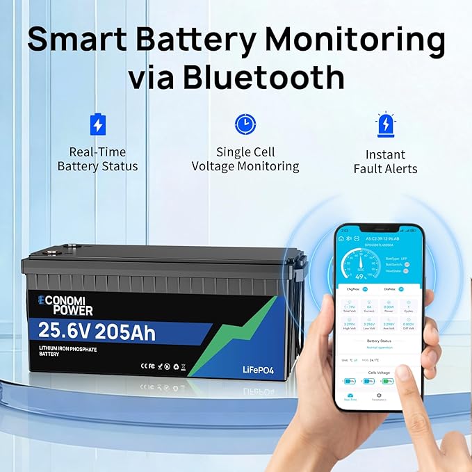 24V 200Ah(205Ah) LiFePO4 Lithium Battery built-in 200A BMS Bluetooth Monitoring 5000 Deep Cycles 5248Wh Lithium Battery for Solar RV Marine Trolling Motor Off-Grid