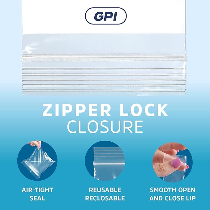 GPI - 13 x 18 - XL - Pack Of 50 4 Mil Thick Heavy Duty Clear Plastic Reclosable Freezer Zip Bags With White Block for Labeling Strong &amp Durable Poly Baggies With Resealable Zipper Top Lock.