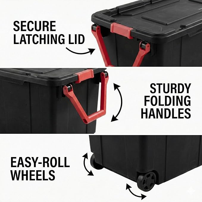 40 Gallon Plastic Storage Box with Wheels and Lids Stackable Industrial Tote Pack of 2 (Black)