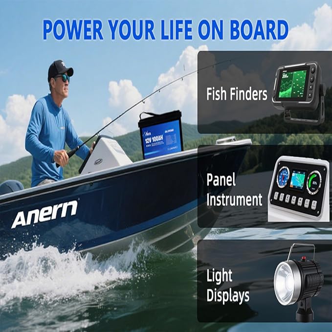 12V 100Ah LiFePO4 Deep Cycle Lithium Battery 15000 Cycles Built-in 100A BMS Perfect for Marine RV Marine Trolling Motor Solar Off-Grid System