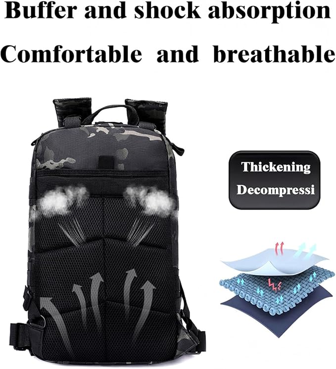 30L Comfortable Durable Military Tactical Backpack w/USA Flag Patch MOLLE Hiking Camping Travel Bag（black camouflage）