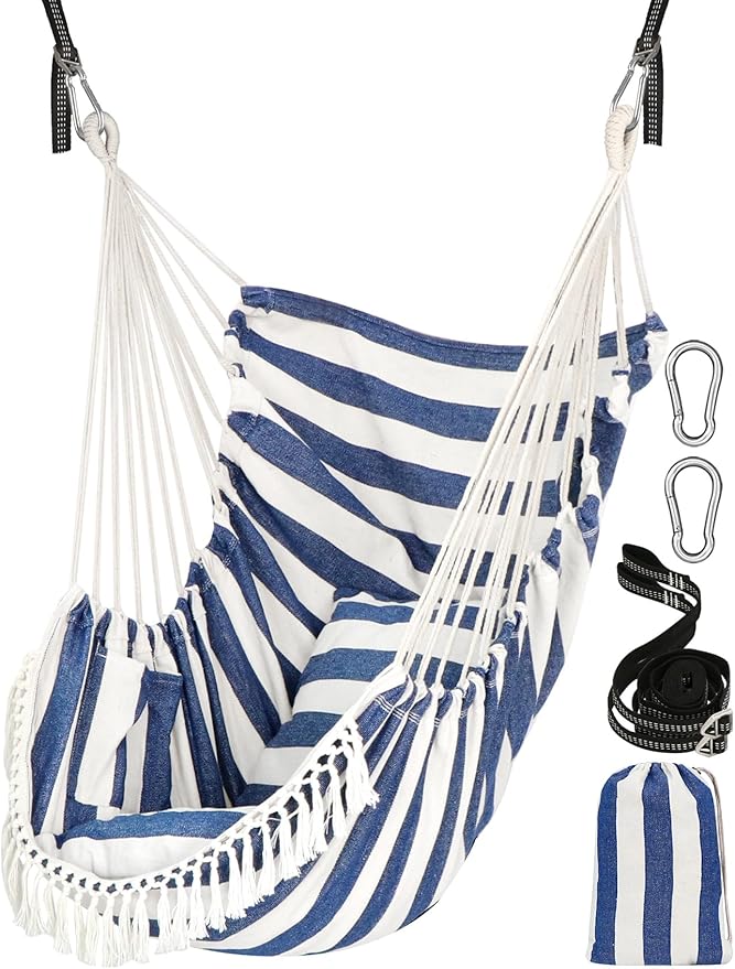 Chihee Hammock Chair Hanging Swing 2 Pillows IncludedStrong Webbing Straps and Hooks for Easy Hanging Soft Cotton Hanging Chair Side Pocket Tassel Chair Comfort Indoor Outdoor Blue White