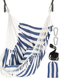 Chihee Hammock Chair Hanging Swing 2 Pillows IncludedStrong Webbing Straps and Hooks for Easy Hanging Soft Cotton Hanging Chair Side Pocket Tassel Chair Comfort Indoor Outdoor Blue White