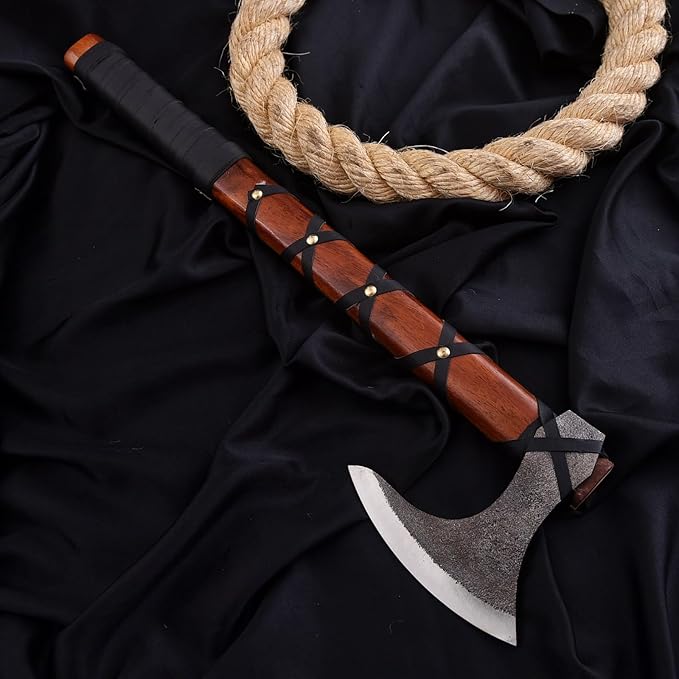 Viking Axe Ragnar Lothbrok – Hand Forged Bearded Axe with Rosewood Handle High Carbon Steel Norse Tomahawk Sharp Camping &amp Hunting Hatchet Viking Axe with Leather Sheath for him