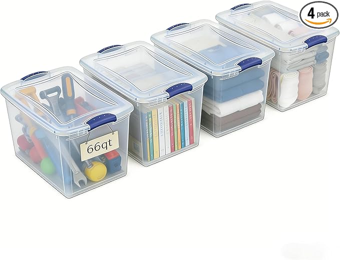 4 Pack 66 Quart (16.5 Gallon) Clear Plastic Storage Bins with Blue Latching Lids Heavy Duty Stackable Organizer Containers for Closet Garage Bedroom Office Home Organization