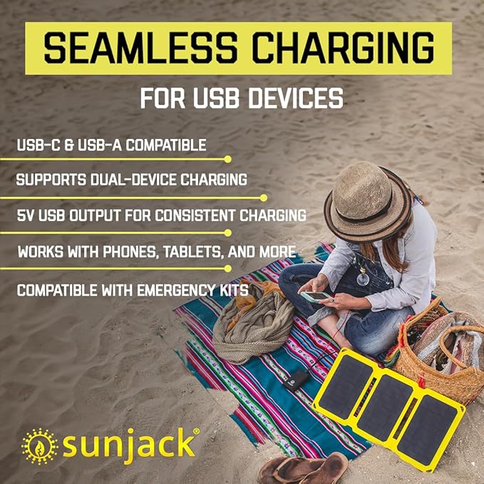 SunJack – 25 Watt Foldable Solar Panel ETFE Monocrystalline Portable Solar Panel with USB-C and USB-A IP67 Waterproof Solar Panels for Camping Backpacking Hiking and Travel