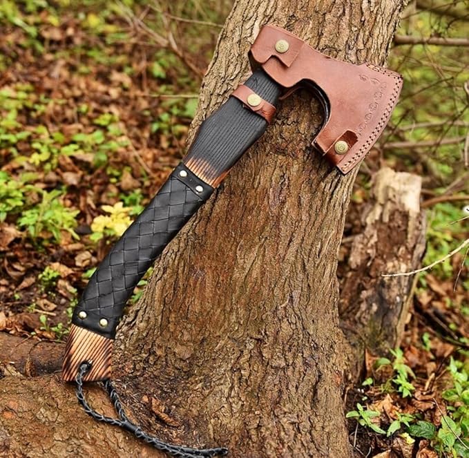 Viking Axe - 20 Inch Long Handle Custom Hand Forged Carbon Steel Combat Axe - Hatchete with Leather Sheath - Bearded Axe for Wood Cutting - Outdoor &amp Camping Axe by Empire Industry