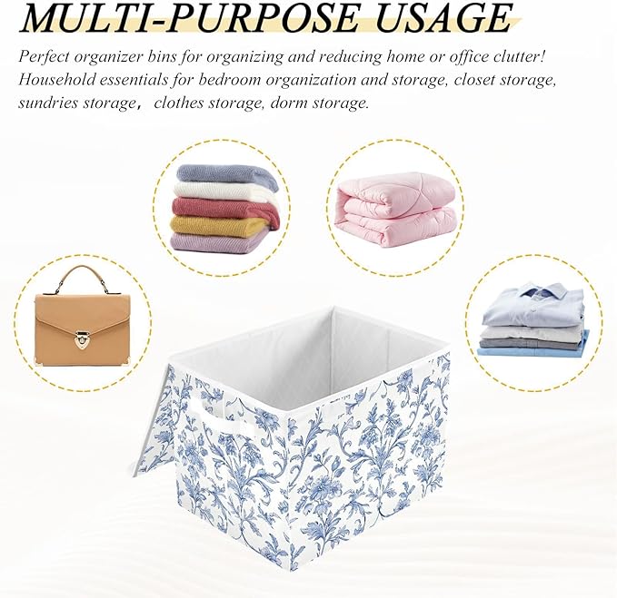 susiyo Large Foldable Storage Bin with Flip-Top Lid Blue Chinoiseries Flowers Storage Box Collapsible Closet Organizer Containers Boxes Decorative Baskets with Handles for Home Bedroom Living Room Of