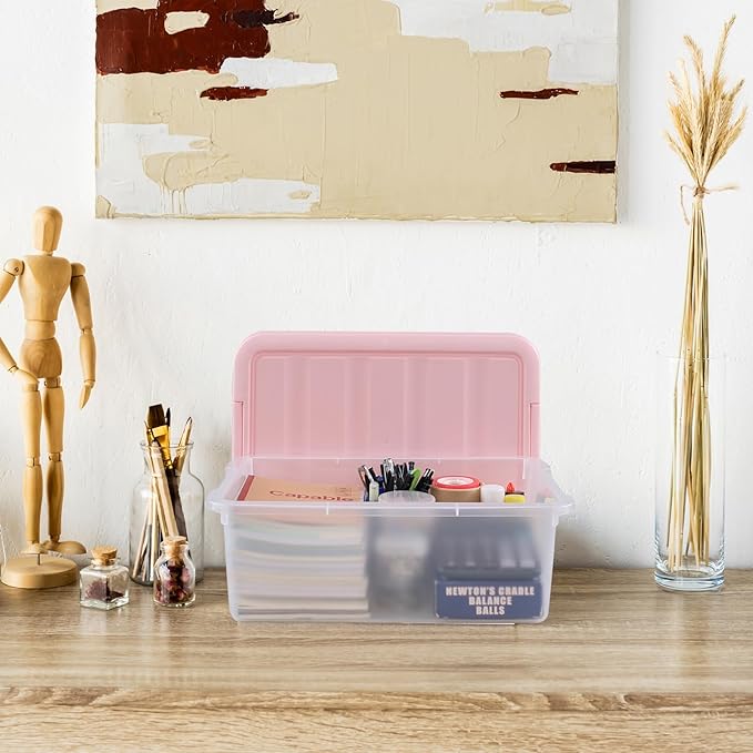 Rosebloom 14 Quart Plastic Storage Box Latching Storage Bin with Pink Lid 2 Packs