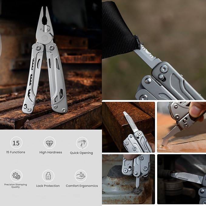 Multitool 15-in-1 Full-Size Multi-Purpose Pliers Lightweight EDC Tactical Gear With Safety Locking Camping Knives &amp Tools Mens Gifts Ideas Gifts for Hunters Men who have Everything (Silver