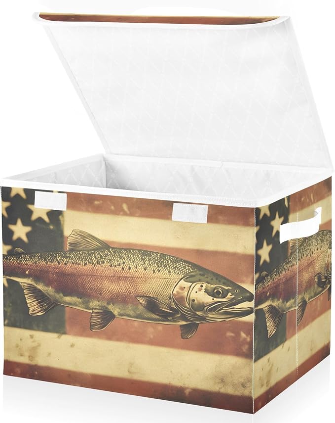 Storage Cube with Lid American Trout Print 16.5×12.6×11.8 IN 1 Pack Collapsible Large Capacity Foldable Storage Basket Bin Organizer