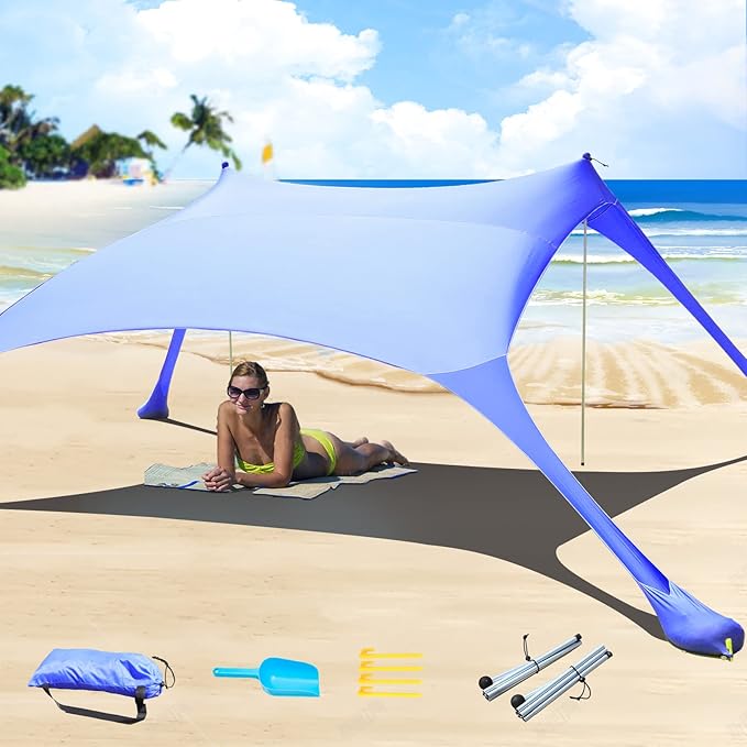 77 FT Beach Tent Sun Shelter UPF50+ UV Protection Outdoor Canopy Tent Sun Shade with 2 Poles for Camping Fishing Backyard and Picnics with Sandproof Beach Blanket Royal Blue