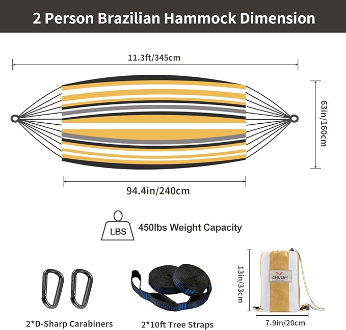 CHULIM Brazilian Double Hammock with Tree StrapsExtra Large 94x63IN2 Persons Hammock for Backyard Patio Outdoor and Indoor450lbs Weight CapacitySoft Woven Cotton Fabric - Coffee Stripe