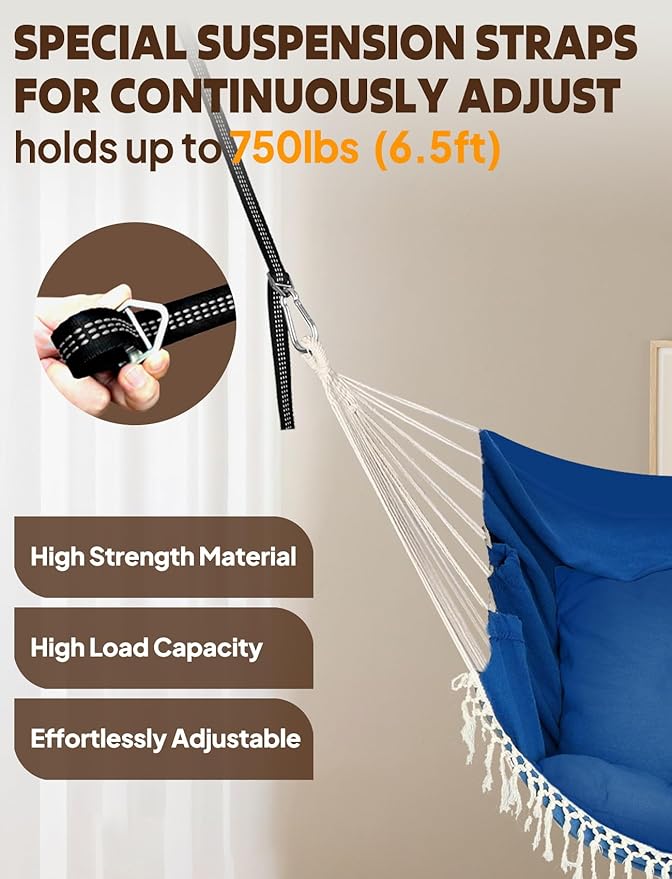Chihee Hammock Chair Hanging Swing 2 Pillows IncludedStrong Webbing Straps and Hooks for Easy Hanging Soft Cotton Hanging Chair Side Pocket Tassel Chair Comfort Indoor Outdoor Royal Blue