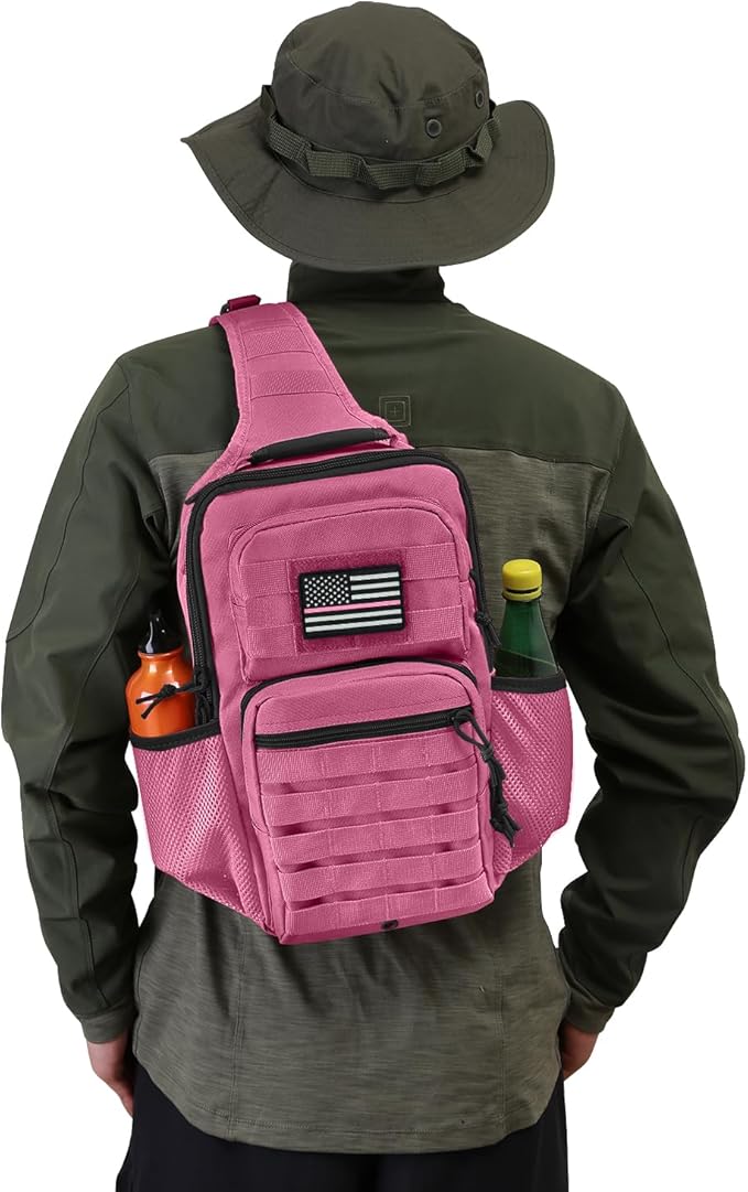 Rover Sling Pack Tactical Shoulder Sling Bag Backpack with Bottle Holder Crossbody Chest Bag Pink