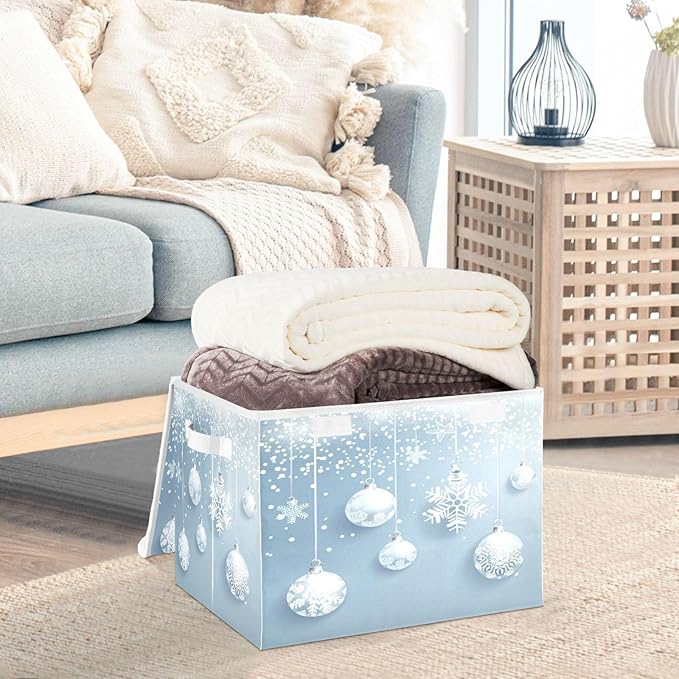 senya Christmas Baskets Collapsible Storage Bins with Lids Christmas Balls White Snowflakes Storage Boxes Clothes Baskets for Organizing