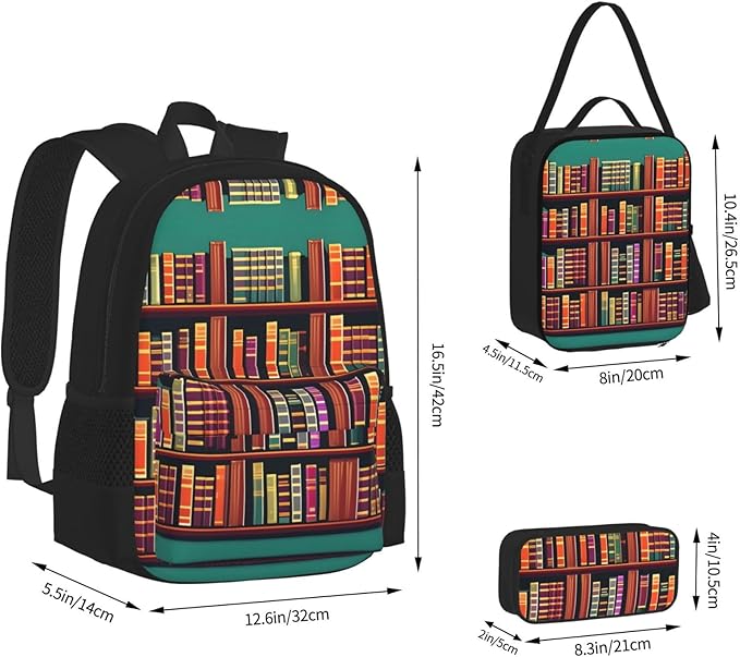3pcs Backpack Sets Library Bookshelf Printed Backpacks Set With Lunch Bag Pencil Pouch