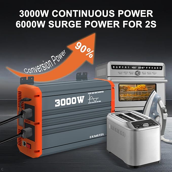 3000W Pure Sine Wave Inverter 12V to 110V/120V AC Car Power Inverter for Vehicles Truck Solar RV Home Backup with Dual AC Outlets USB &amp Type-C Fast Charge Ports Remote Controller