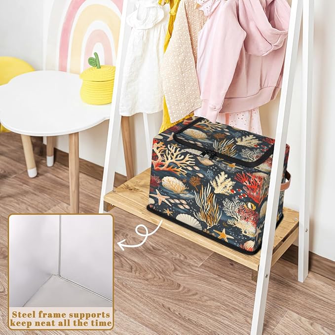 Sea Ocean Storage Box with Lid Seashell Collapsible Storage Bins Baskets Cubes Closet Shelf Clothes Organizer Containers with PU Leather Handles