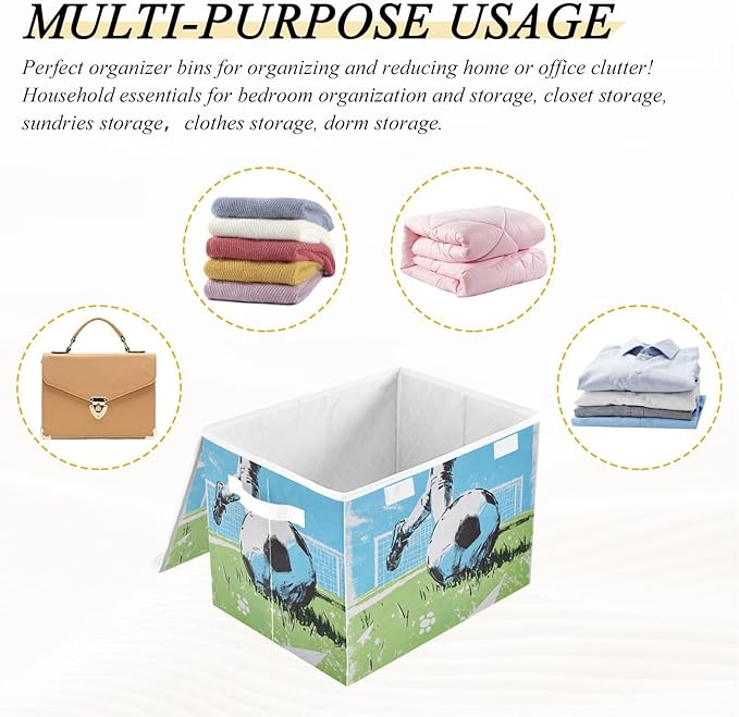 Blue Soccer Player Goal Grass Storage Box with Lid 1 PC Foldable Storage Bin with Lids Stackable Storage Bins Cube Closet Organizer Basket with Flip-Top Lid &amp Handles for Shoes Books Towels