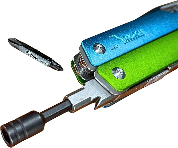 DKYoung™ Multi-Tool Aluminum Handles with Polished Stainless Steel Tools Blue/Green High-Viz Colors Pliers-Based Multitool with Carrying Sheath ¼ in. Hex Extension Camping Hiking Gift