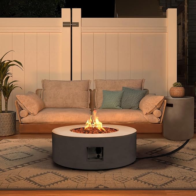 36inch Round Concrete Fire Pit Table with Propane Tank Cover 50000 BTU Outdoor Fire Table Modern Firepit Natural Gas Firepits with Steel Lid Rain Cover for Backyard Deck