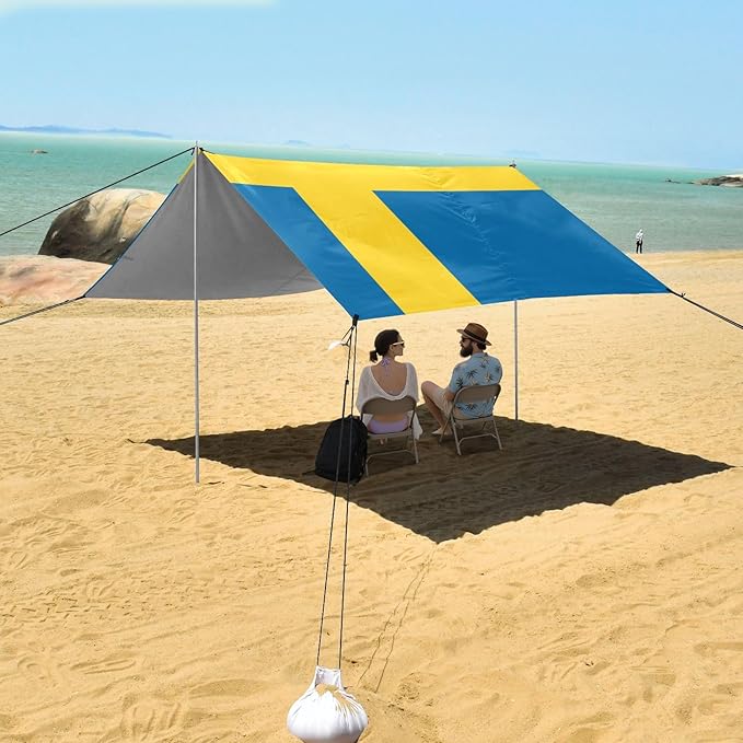 Sweden Flag Beach Tent UPF50 Waterproof Shade Sun Shelter with Sandbags &amp Sand Shovel for Backyard and Camping