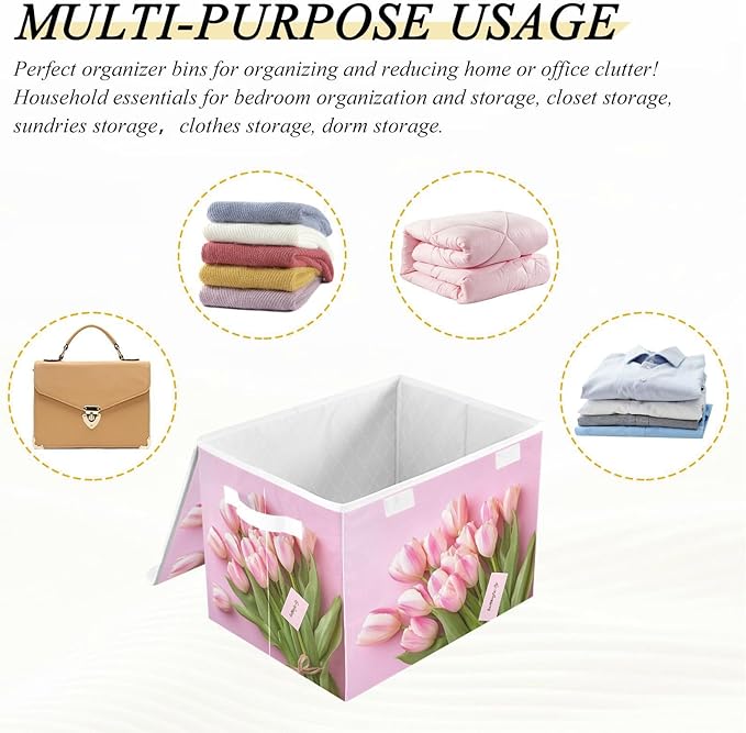Collapsible Storage Bins with Lids Decorative Fabric Storage Cubes Closet Organizer and Storage Basket Boxes Containers for Clothes Box Chest Nursery Folding Rectangle Tulip Pink Mother's Day