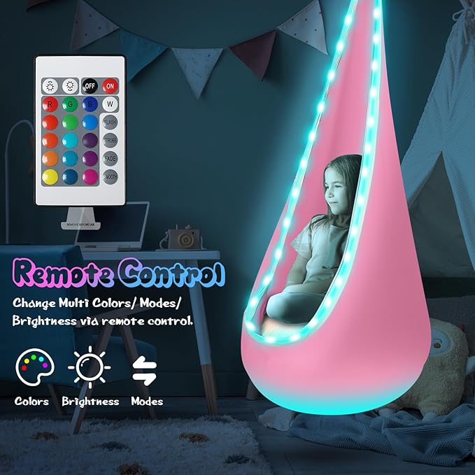Light Up Kids Pod Swing Seat Upgraded Kids Hanging Hammock Swing with LED Lights Cotton Sensory Pod Swing Chair with Inflatable Pillow Pod Swing for Kids Indoor &amp Outdoor (Light Pink)