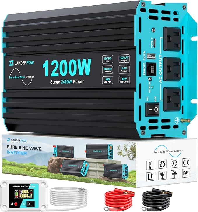 1200 Watt Pure Sine Wave Inverter Power Inverter for Car Camping Solar RV Truck Home 12V DC to 120V AC Inverters with 3 AC Outlet 30W USB-C 5V 3.1A USB Remote Control Surge 2400W