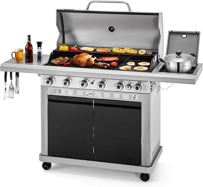 MFSTUDIO 6 Burner BBQ Propane Gas Grill with Side Burner &amp Porcelain-Enameled Cast Iron Grates Grill Griddle Combo for Outdoor Barbecue 740 SQ.IN. Large Cooking Area
