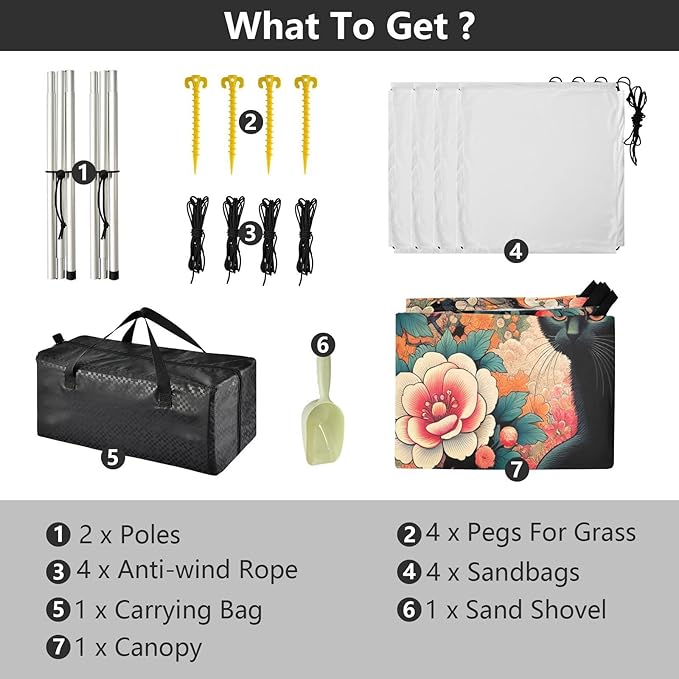 Black Cat and Japanese Flowers Beach Tent Sun Shelter Set UPF50+ UV Protection 10.5 x 9.19 FT Camping Shade Canopy with Sandbags Sand Anchors Carrying Bag and Others