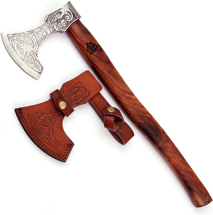 Hand-Forged Viking Battle Axe – Carbon Steel Blade with Draugr Etchings Handle Valknut Engraving Perfect for Collectors and Norse Mythology Enthusiasts