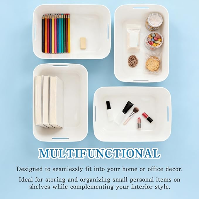 11 Pcs White Plastic Storage Bins with Handle and Lids 14 x 10.5 x 9.6 Inches Containers Box Stackable Storage Baskets for Playroom Classroom Office Shelves Desktop Drawers Organization
