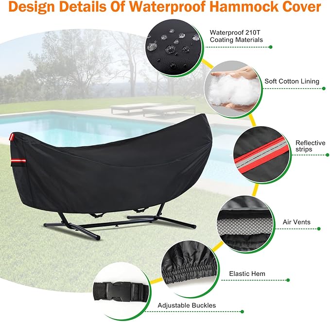 Waterproof 10 FT Hammock Cover 210T Sun Rain UV Dust Snow Protection Outdoor Hammock Covers with Windproof Straps &amp Soft Cotton Lining for 10ft Stand