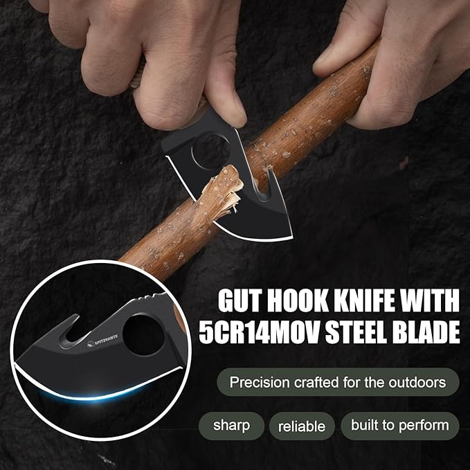 Small Hunting Knife HO-YN Compact Fixed Blade Knife with Gut Hook Rotating Clip &amp Whistle for Fishing &amp Outdoor (Khaki)